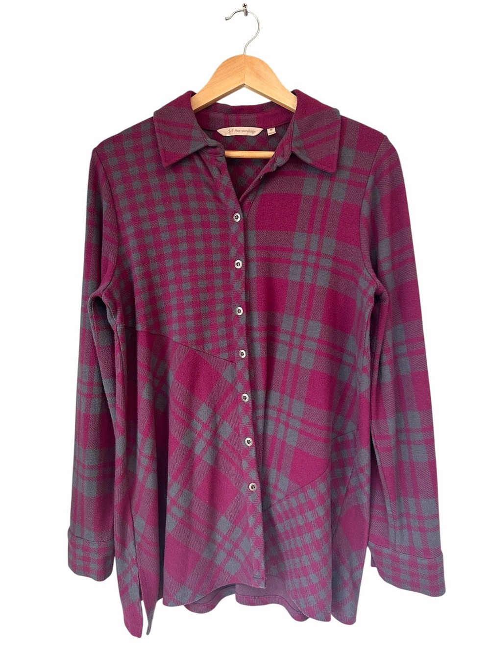 Soft Surroundings Magenta and Gray Plaid Button-Down Shirt, Medium